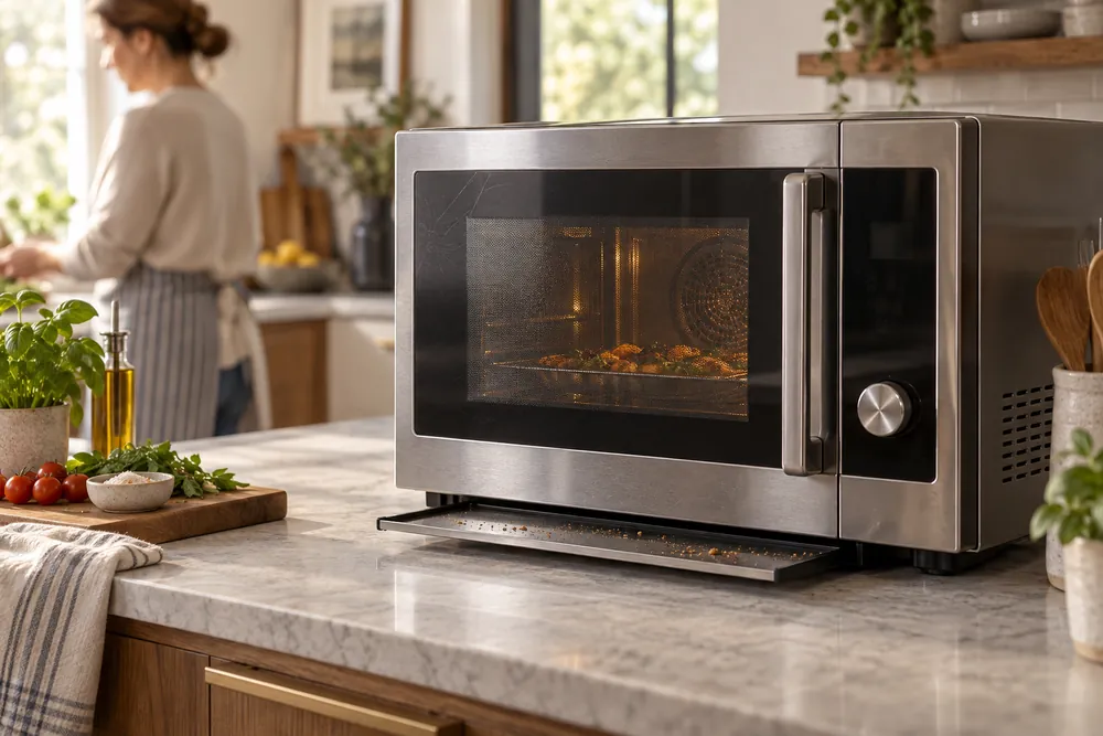 Brushed stainless steel door with faint scratches, convection microwave three-quarter on a countertop, crumb tray pulled out, homeowner blurred side-on.