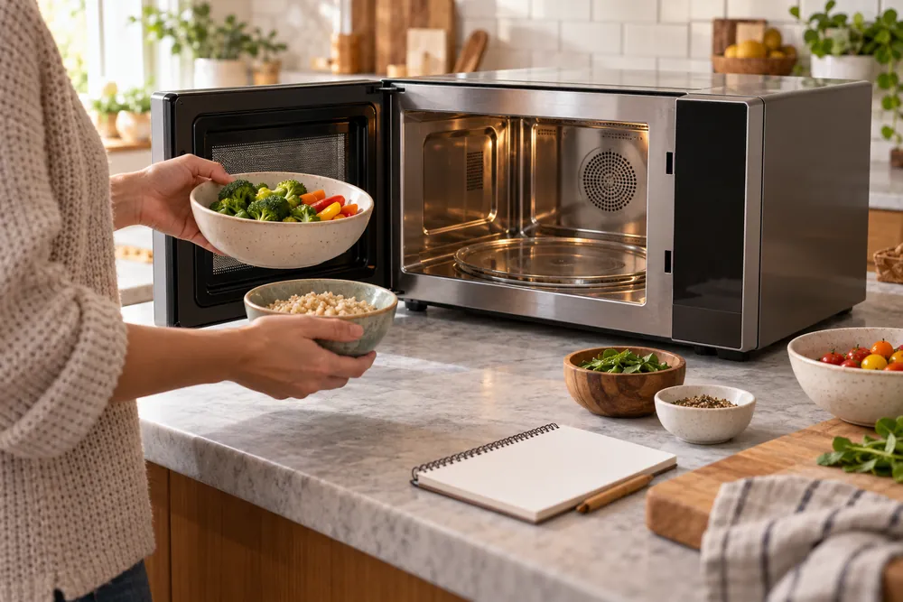 Convection microwave on a countertop, door open toward measured bowls and a notepad, homeowner’s hands comparing wattage needs in an eye-level kitchen scene.