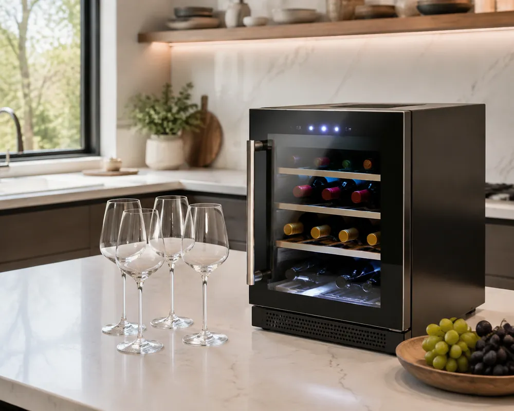 Soft morning light fills a kitchen as a countertop wine cooler chills bottles beside glasses, digital display visible, viewed slightly raised.