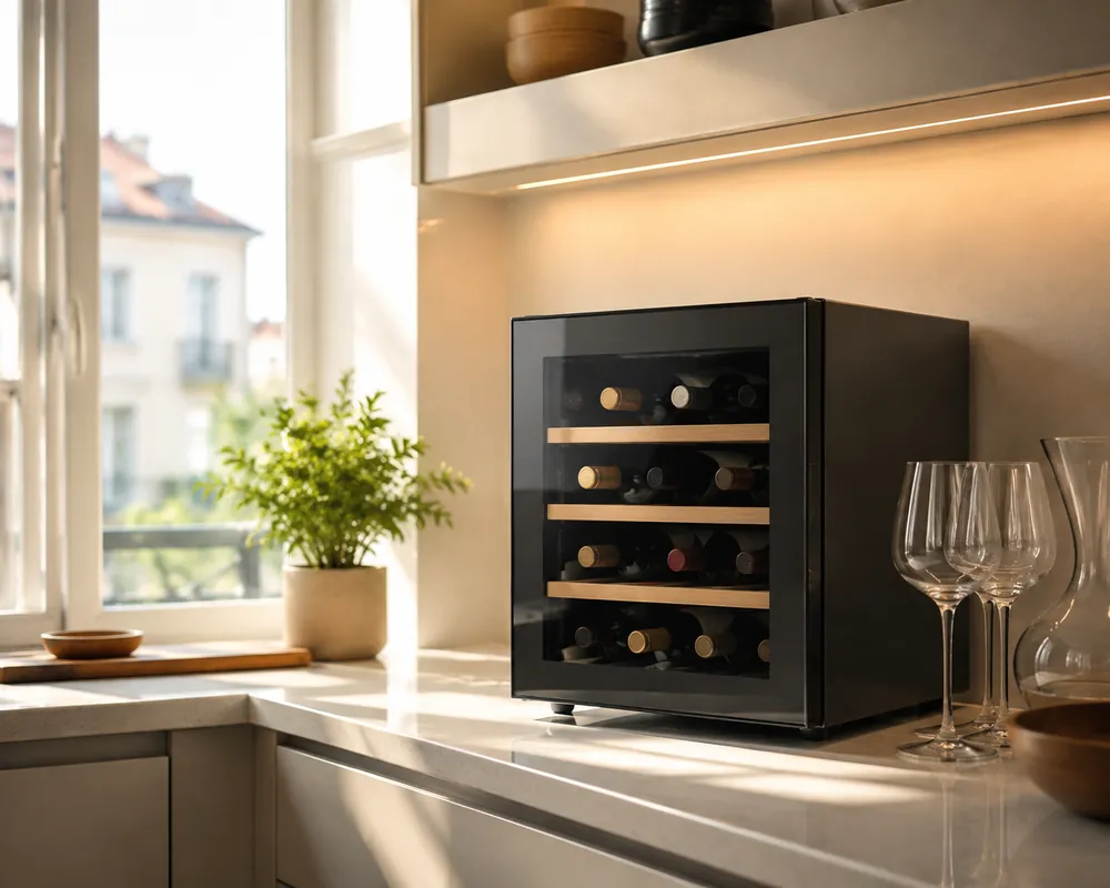Soft morning light fills a small apartment kitchen counter, where a compact wine cooler chills several bottles beside clean glassware.