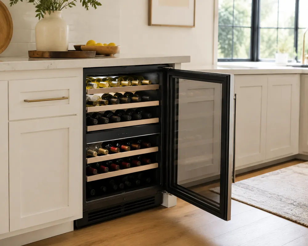 Quartz countertop beside white shaker cabinets, compact wine cooler door open showing adjustable shelves, interior light, and digital temperature controls.