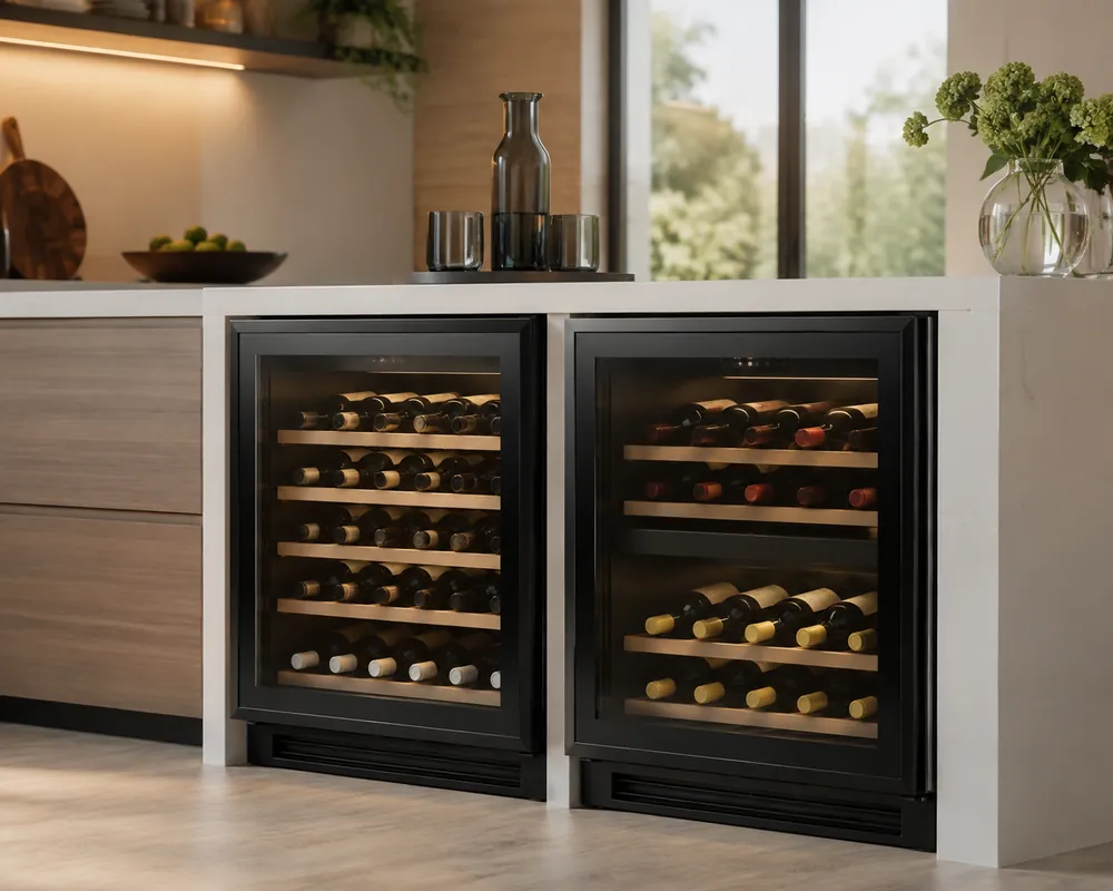 White quartz countertop with two compact wine coolers side by side, one single-temperature interior, one dual-compartment interior, under warm kitchen lighting.