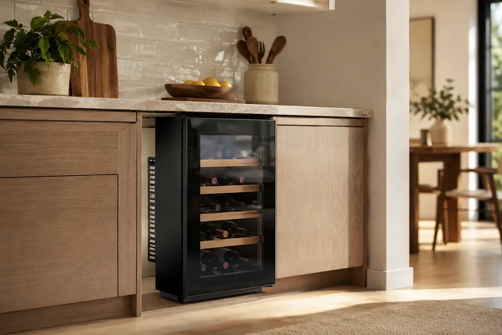Morning light fills a wide kitchen counter scene with a compact wine cooler beneath cabinets, rear clearance visible, and side vents unobstructed.