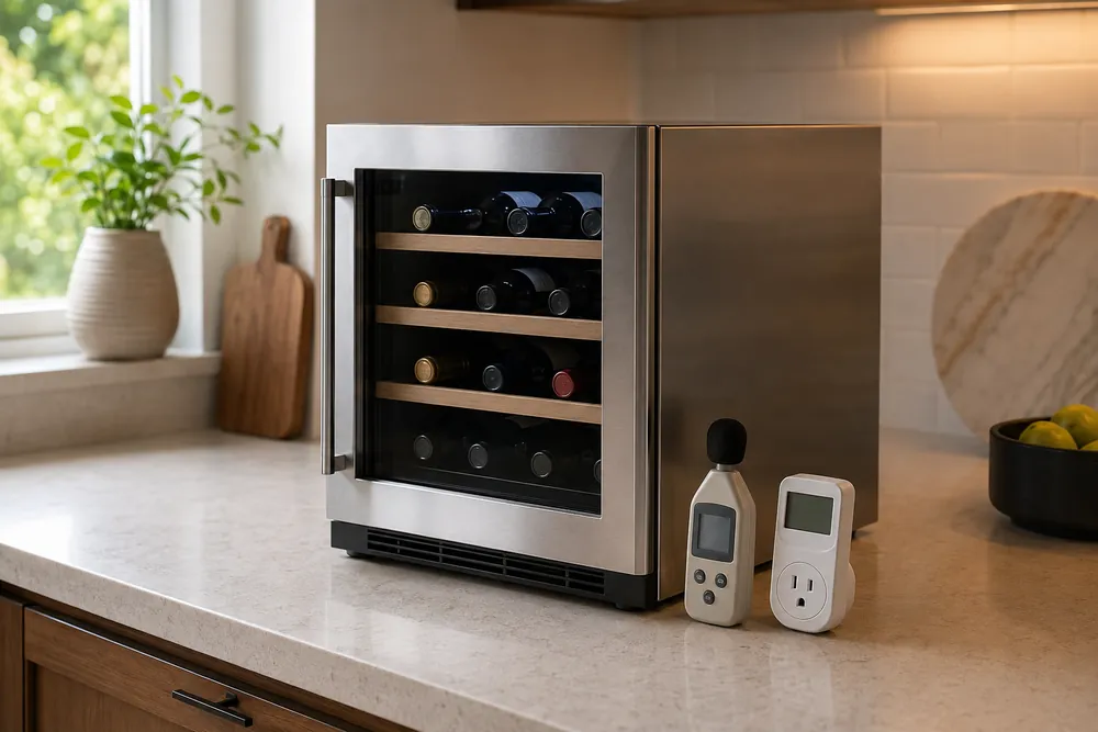 Brushed stainless steel countertop wine cooler beside a decibel meter and energy usage plug, viewed overhead in a tidy kitchen.