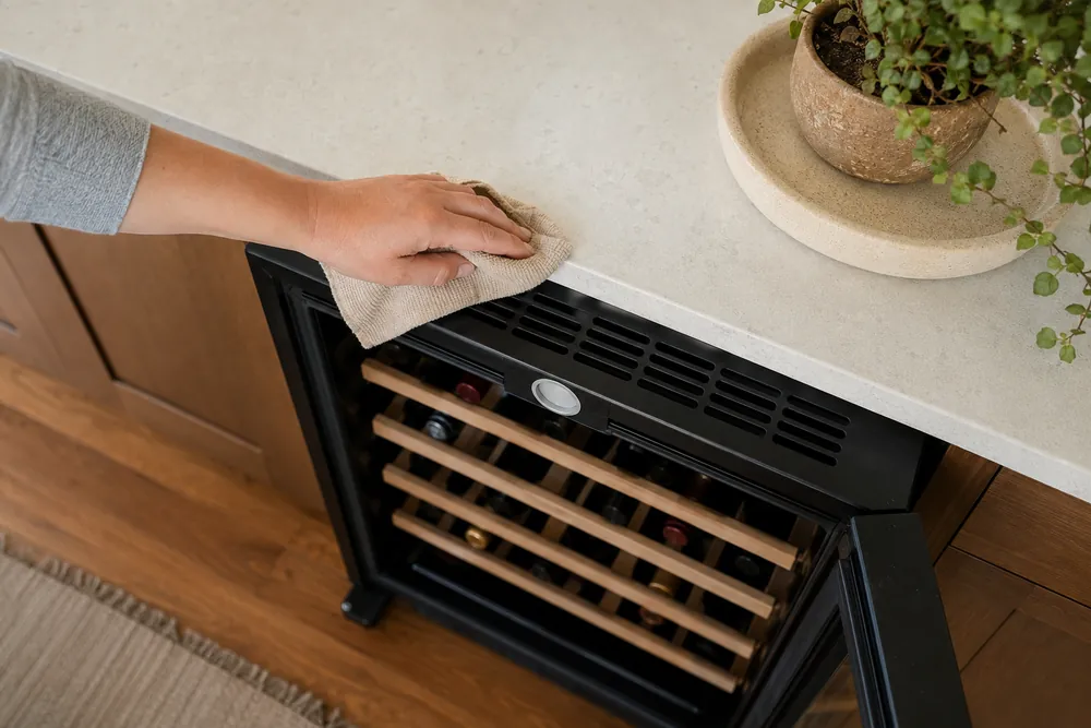 Hand wipes dust from a countertop wine cooler vent, overhead view showing clean shelves, thermometer, and minor scuffs after yearlong use.