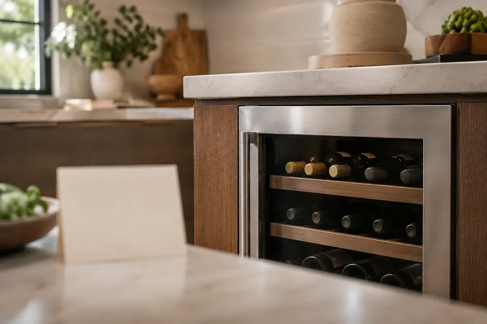 Brushed stainless-steel trim frames a countertop wine cooler door, with chilled bottles visible beside a small kitchen FAQ note out of focus.