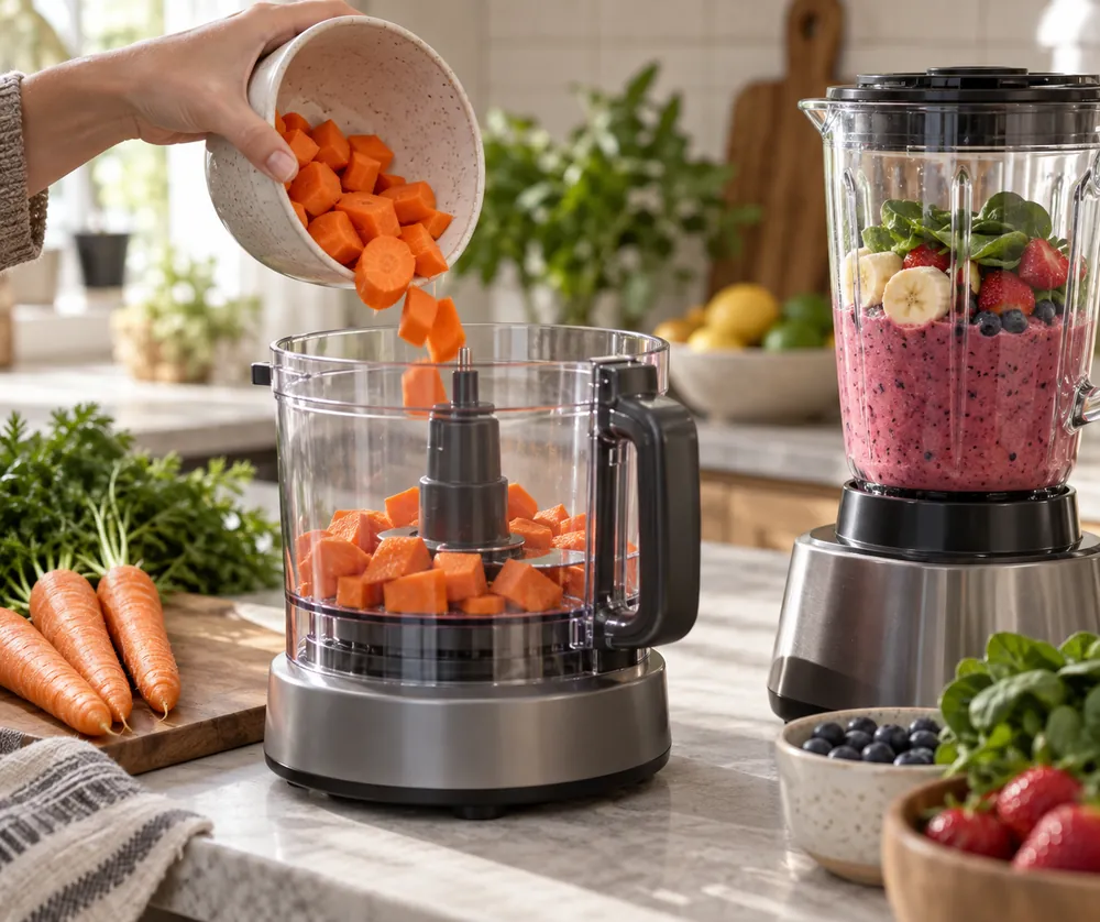 One hand pours chopped carrots into a food processor bowl beside a blender jar filled with smoothies on a kitchen counter.