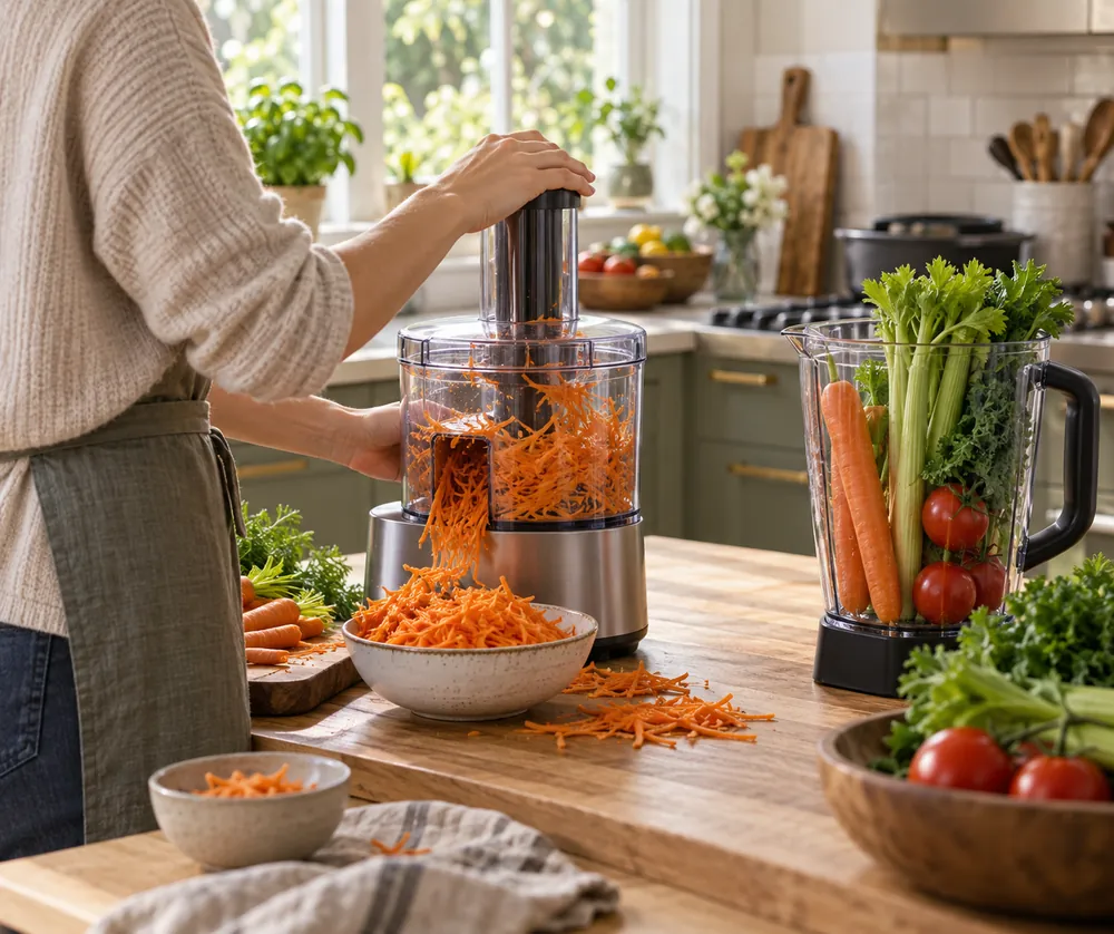 Butcher-block countertop with a food processor shredding carrots beside a blender holding whole vegetables, eye-level view, cook’s hands turned away.