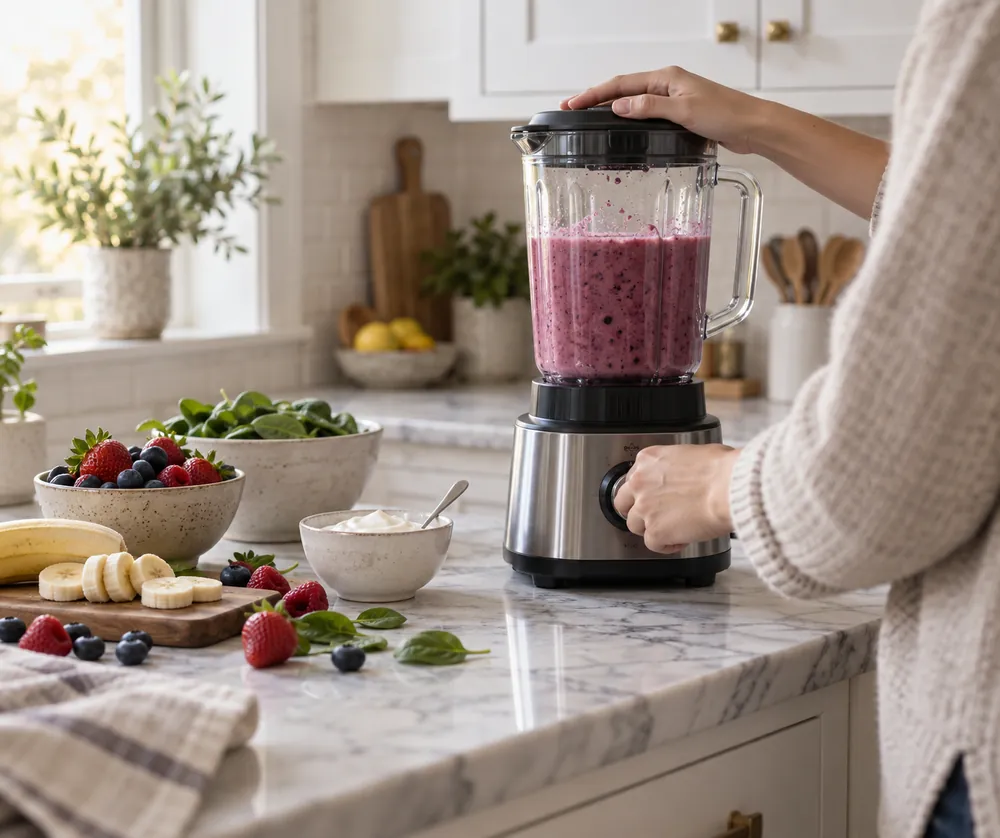 Marble countertop beside white shaker cabinets shows a blender pureeing berry smoothie, ingredients scattered nearby, side-angle with hands turned away.
