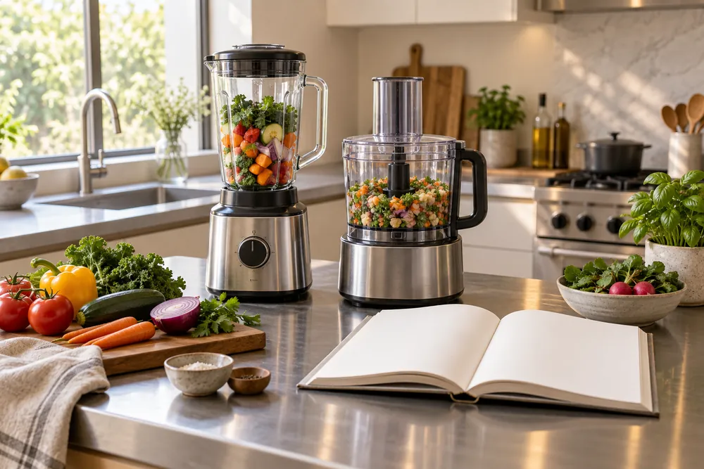 Brushed stainless countertop with blender and food processor side by side, both filled with chopped vegetables, open cookbook nearby, wide kitchen view.