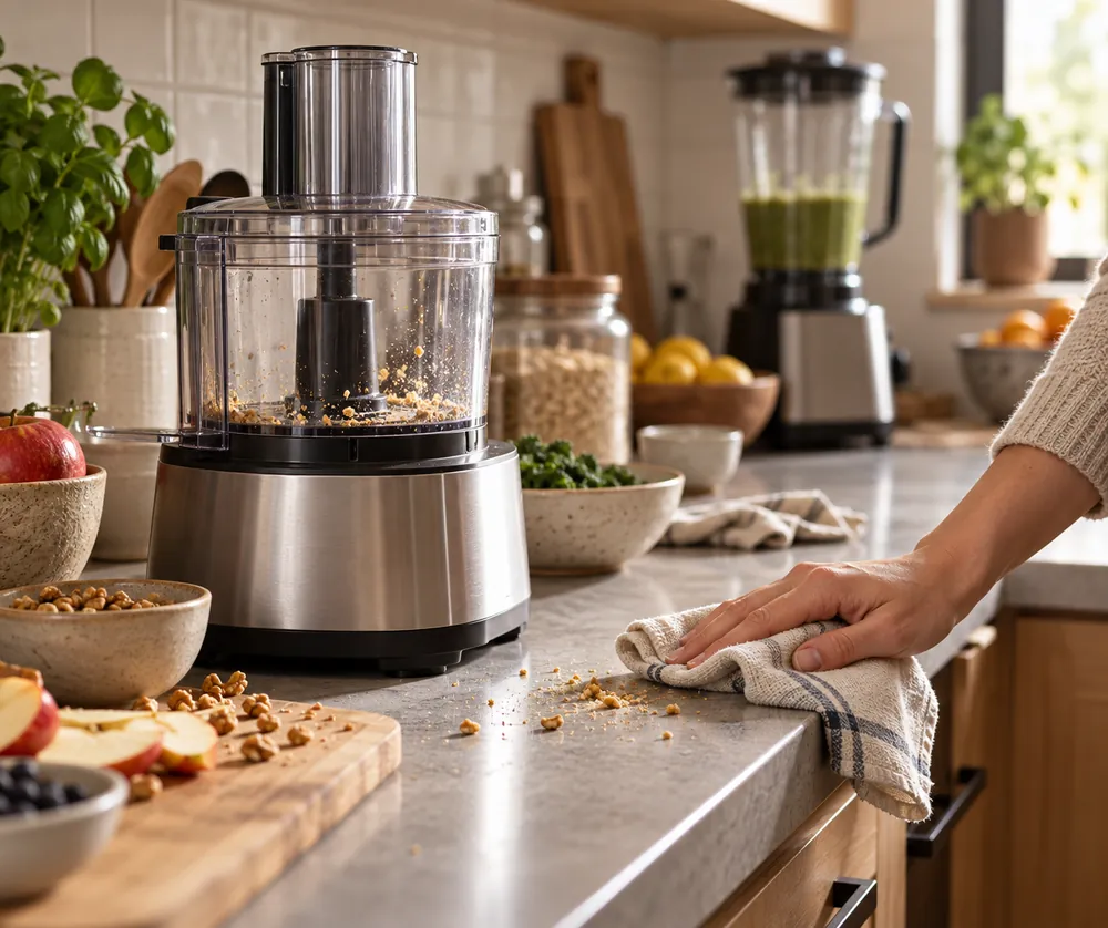 One hand wipes crumbs beside a food processor on a crowded counter, while a blender sits farther back under cabinets.
