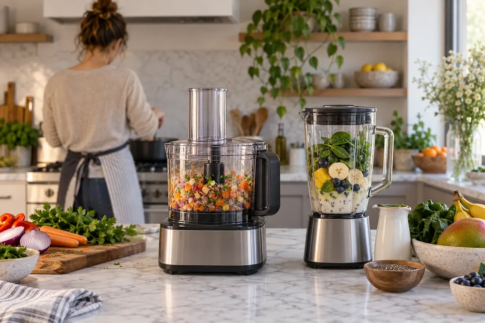 Marble countertop with a food processor chopping vegetables beside a blender filled with smoothie ingredients, cook turned away, eye-level kitchen scene.