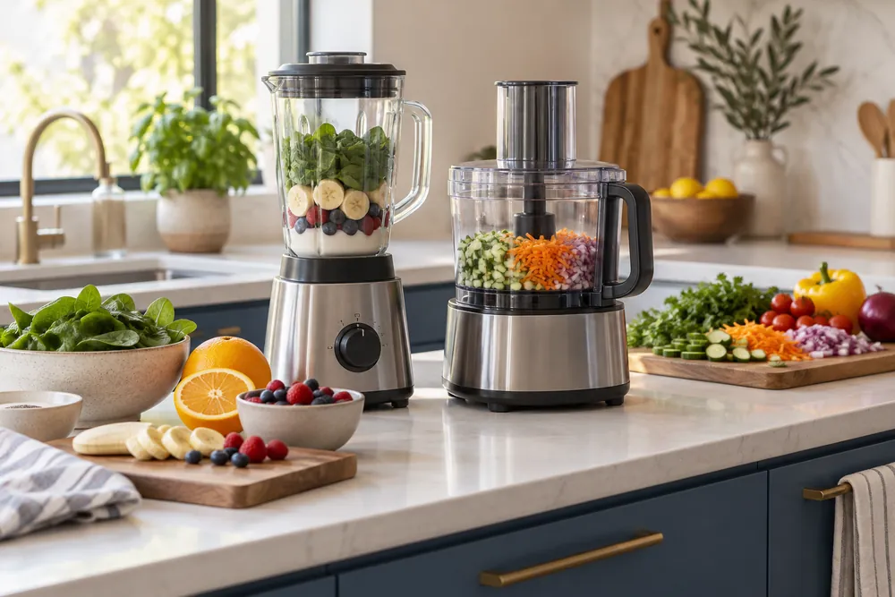 White quartz countertop beside blue lower cabinets, side-angle view of a blender and food processor with chopped vegetables and smoothie ingredients nearby.