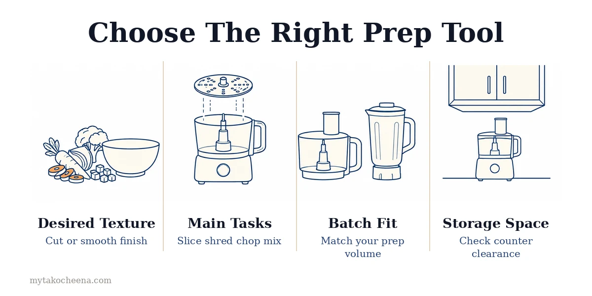 Food Processor vs Blender: When to Use Each: Desired Texture, Main Tasks, Batch Fit, Storage Space.
