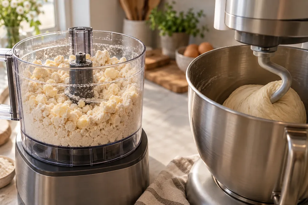 Food processor bowl pulsing butter into flour beside a stand mixer kneading dough, close-up on contrasting attachments and textures.