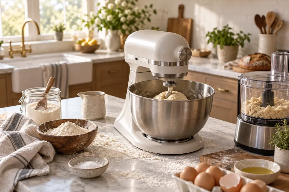 Soft morning light fills a wide kitchen scene with dough kneading in a stand mixer beside a food processor and flour-dusted counter.