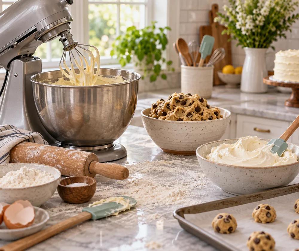 Flour-dusted countertop holds a stand mixer with cake batter beside cookie dough and whipped frosting, side-angle in a bright home kitchen.