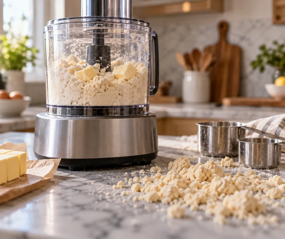 Food processor on a marble counter pulses cold butter into flour, low-angle view showing pastry dough crumbs beside measuring cups.