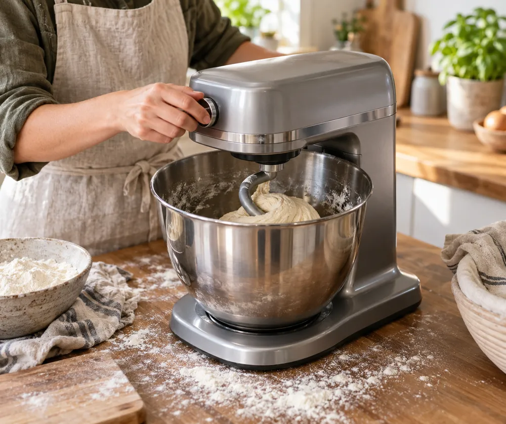Stand mixer kneading bread dough in a stainless bowl, flour-dusted counter nearby, baker’s hands adjusting speed control in soft kitchen light.