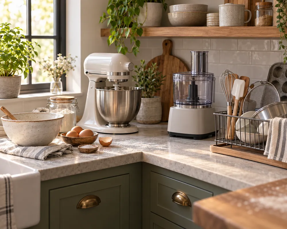 Soft morning light fills a compact kitchen corner, three-quarter view of a stand mixer, food processor, and drying rack after baking prep.
