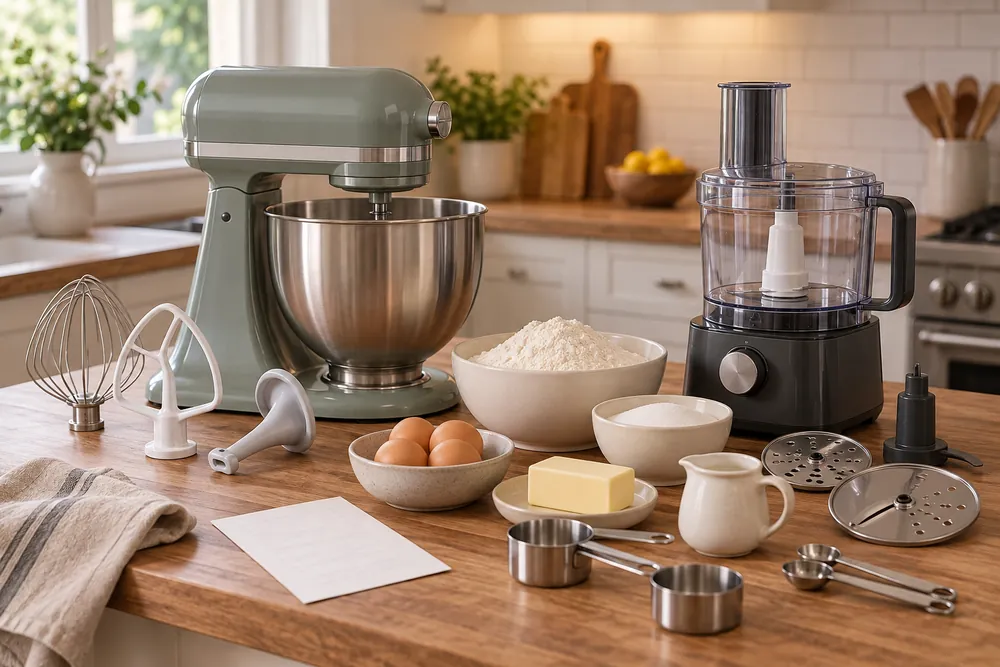 Butcher-block countertop holds a stand mixer, food processor, attachments, receipt, and baking ingredients in a three-quarter US kitchen view.