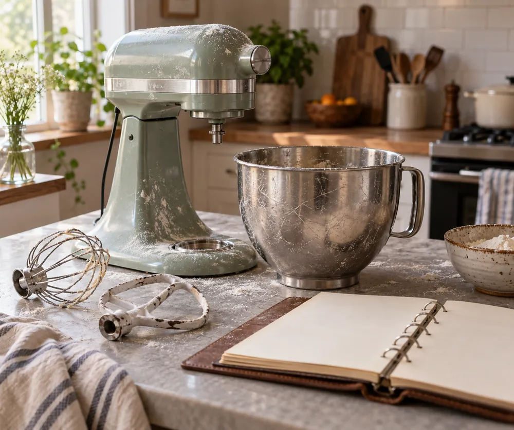 Stand mixer coated with flour beside a scratched mixing bowl, worn attachments, and a half-empty recipe binder in a lived-in kitchen.