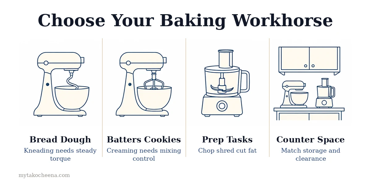 Food Processor vs Stand Mixer for Baking: Bread Dough, Batters Cookies, Prep Tasks, Counter Space.