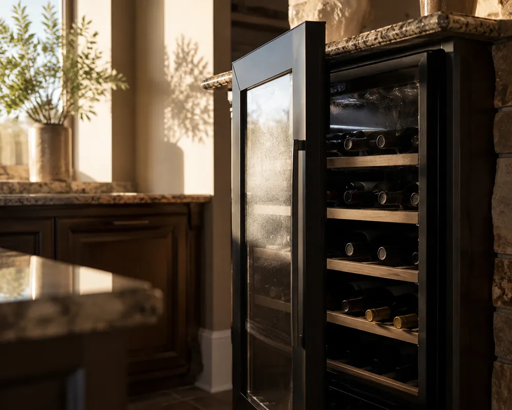 Built-in wine cooler under a quartz counter in a modern kitchen, door slightly open, bottles neatly arranged, homeowner seen from behind.
