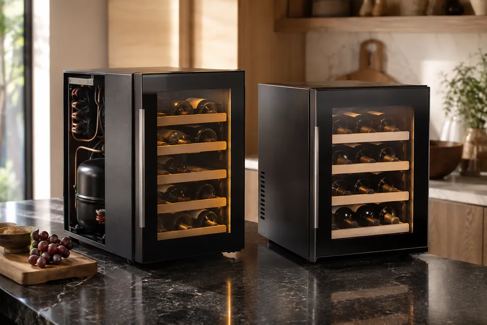 Brushed stainless vent grille in sharp focus, wide kitchen scene showing a wine cooler pulled out, dusty coils exposed, homeowner turned away.