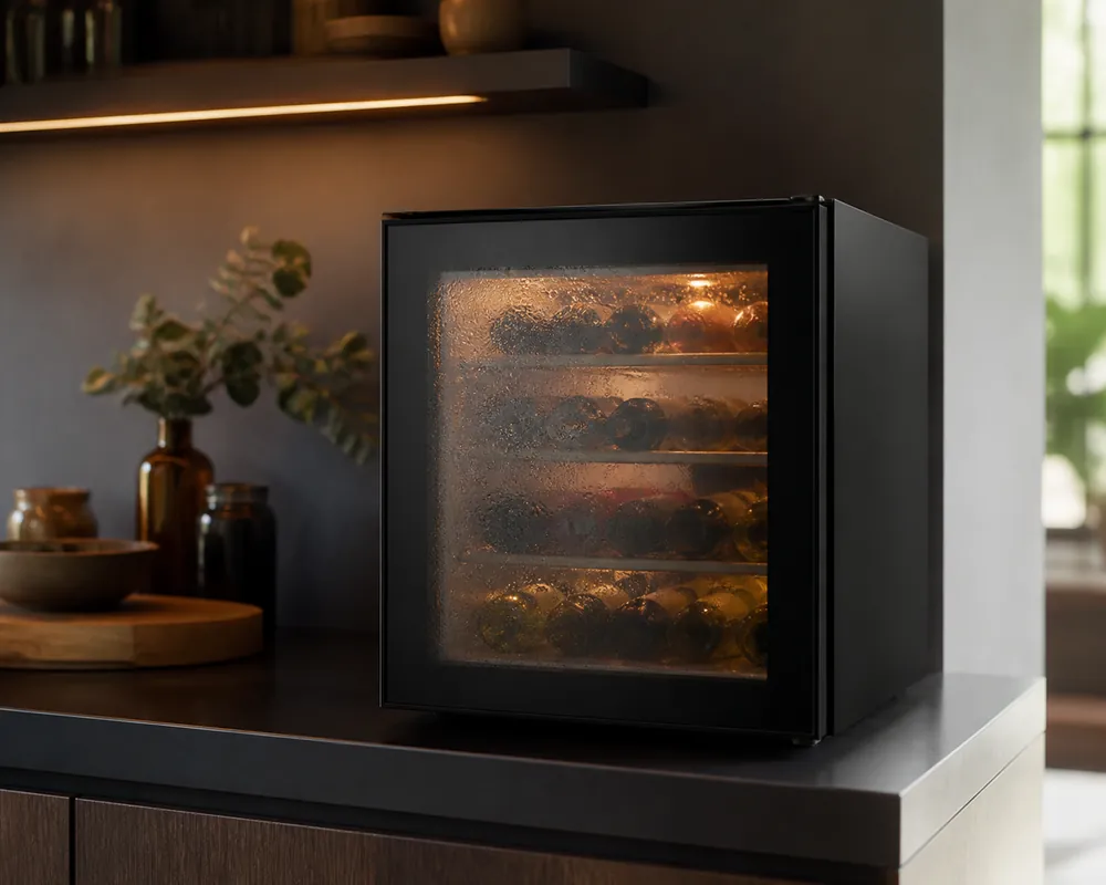 Granite countertop and lower cabinets frame an open wine cooler with a technician’s hands checking shelves, repair tools beside replacement brochures.