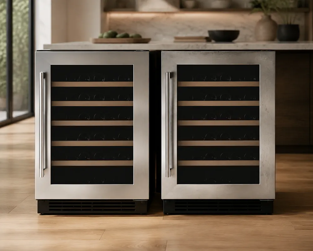 Brushed stainless trim frames two undercounter wine coolers, with hands comparing shelf glide and door seals in a slightly raised kitchen view.