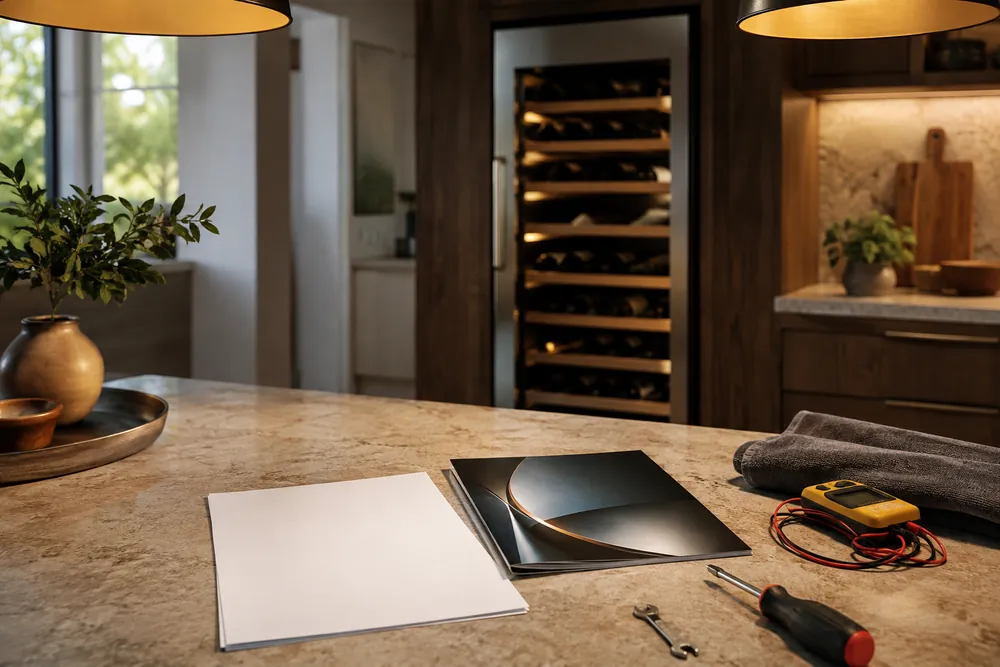 Undercounter wine cooler partially open, clean vents and neatly spaced bottles visible, owner’s hands dusting coils in a bright kitchen.
