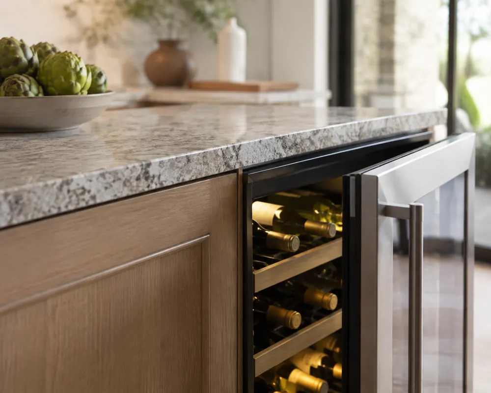 Quartz countertop beside lower cabinets, close-up of a wine cooler door slightly ajar, thermometer and maintenance checklist blurred nearby.