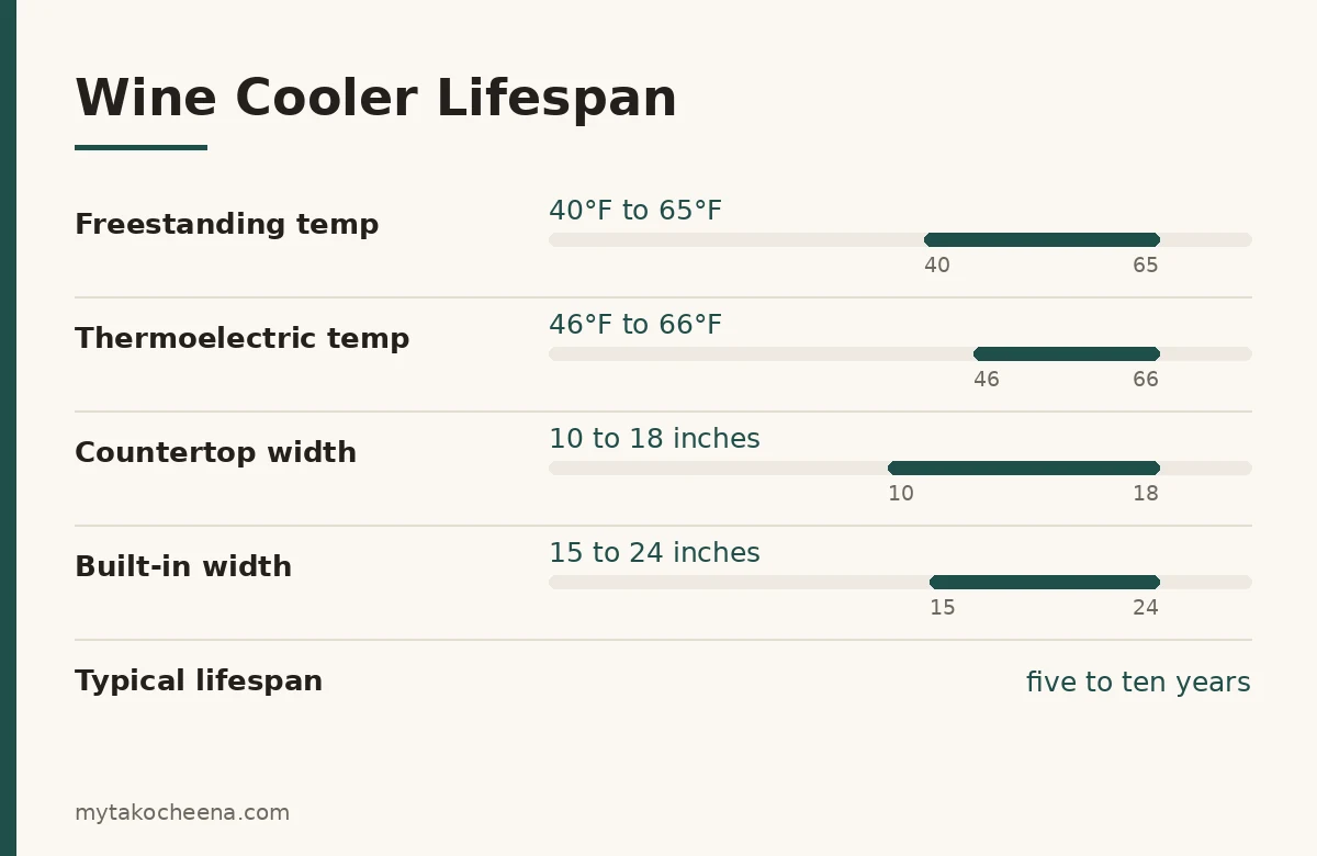 Key figures for How Long Do Wine Coolers Last Before Replacing: Freestanding temp, Thermoelectric temp, Countertop width, Built-in width, Typical lifespan.