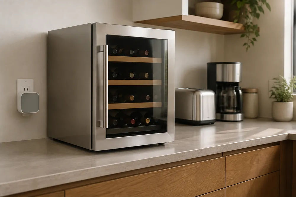 Brushed stainless steel wine cooler in a three-quarter view beside a kitchen outlet, with a usage meter and countertop appliances nearby.