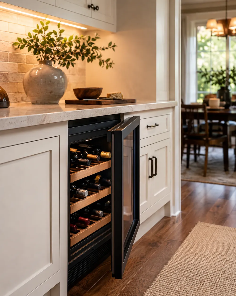 Quartz countertop beside white shaker cabinets surrounds an undercounter wine cooler, door ajar, bottles visible, warm kitchen lighting, slightly raised view.