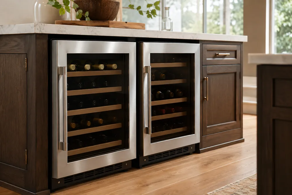 Brushed stainless steel doors frame side-angle thermoelectric and compressor wine coolers beneath a quartz kitchen counter, power cords discreetly visible.