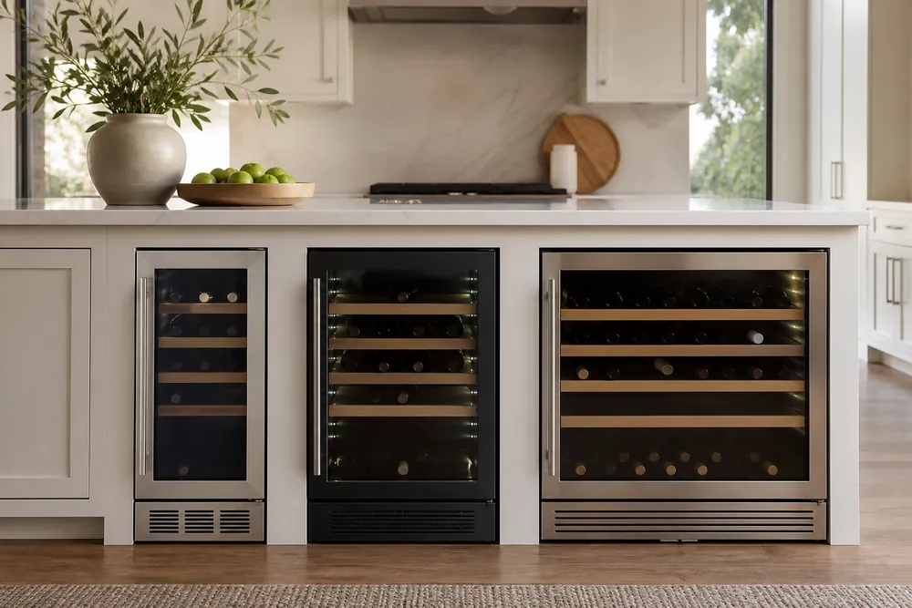 White shaker cabinetry surrounds three wine coolers of different sizes under a countertop, eye-level view, kitchen appliances arranged for comparison.