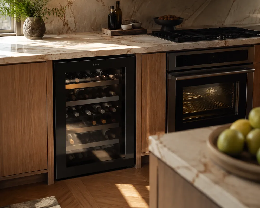 Soft morning light fills a kitchen as a wine cooler sits beside an oven, overhead view showing nearby heat sources and airflow gaps.
