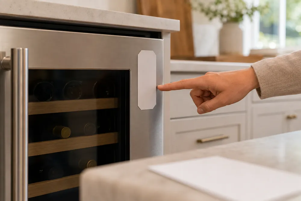 One hand points at an energy label on a stainless wine cooler in a bright US kitchen, comparison chart blurred nearby.