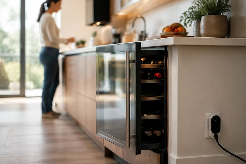 Soft morning light fills a tidy kitchen as a wine cooler sits slightly ajar, energy meter plugged nearby, owner blurred side-on.