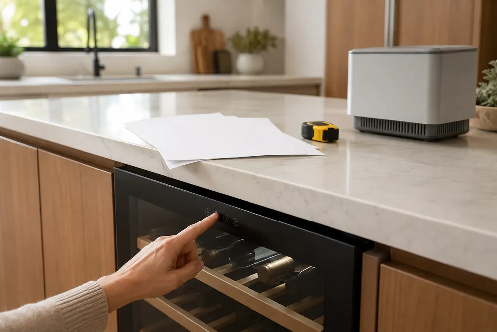 Hand presses a wine cooler thermostat while utility bills, measuring tape, and a compact countertop unit sit on a bright kitchen island.