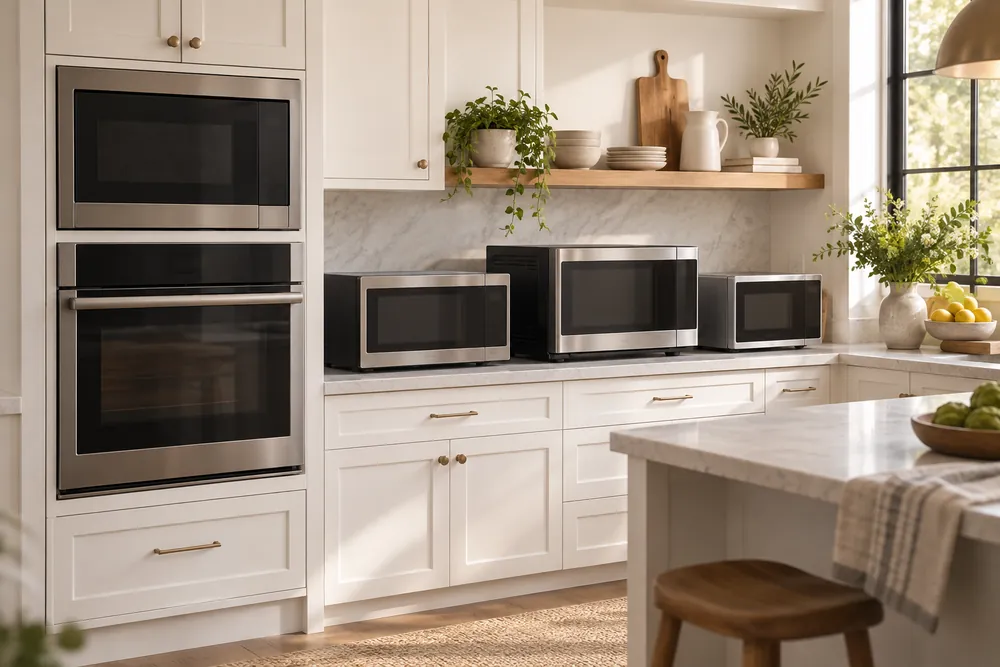 White shaker cabinetry surrounds a built-in convection microwave above a wall oven, with countertop models in varying sizes displayed nearby.