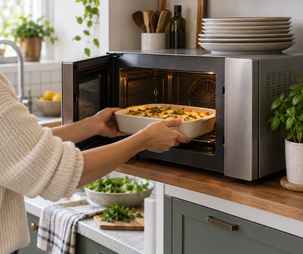 Hand places a casserole dish into a mid-size convection microwave, with stacked dinner plates and a compact apartment kitchen visible below.