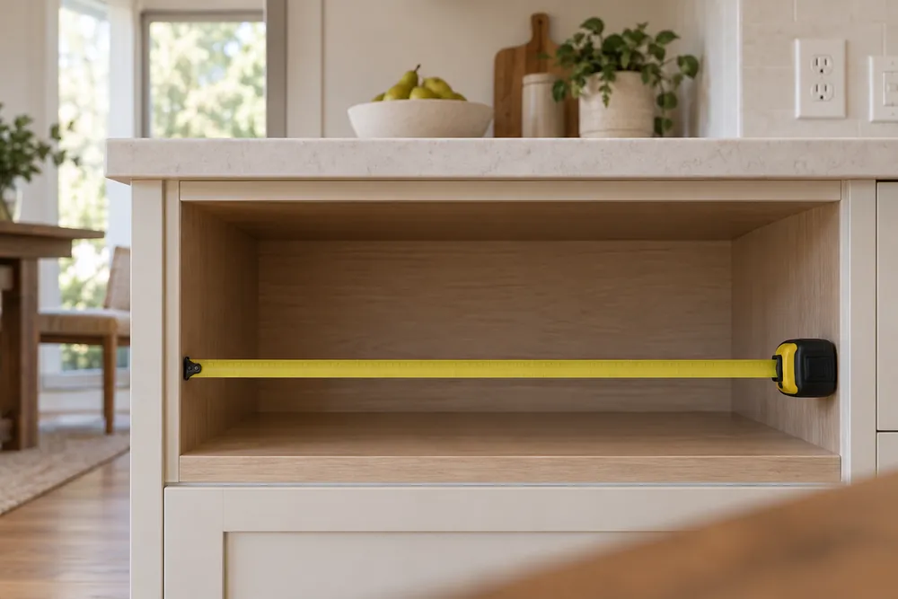 Lower cabinetry frames a low-angle view of measuring tape stretched across an empty microwave shelf, with adjacent countertop and outlets visible.