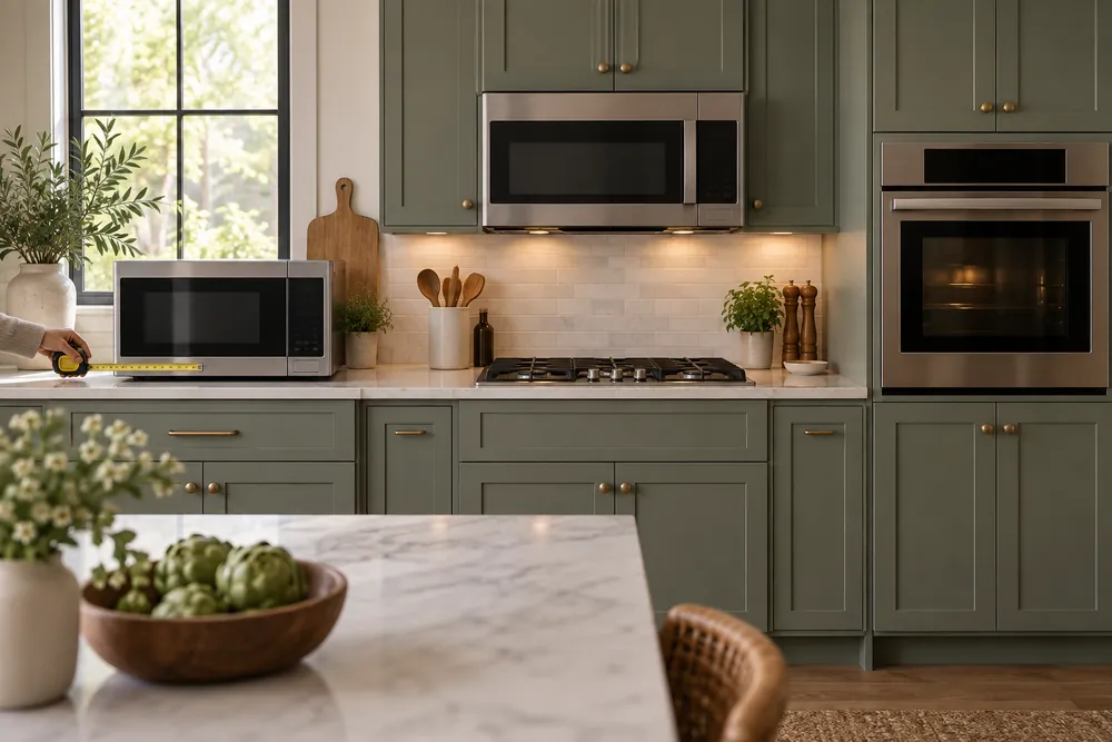 Sliding a tape measure beside a countertop microwave, an over-the-range unit, and a built-in oven, with cabinetry framing each installation.