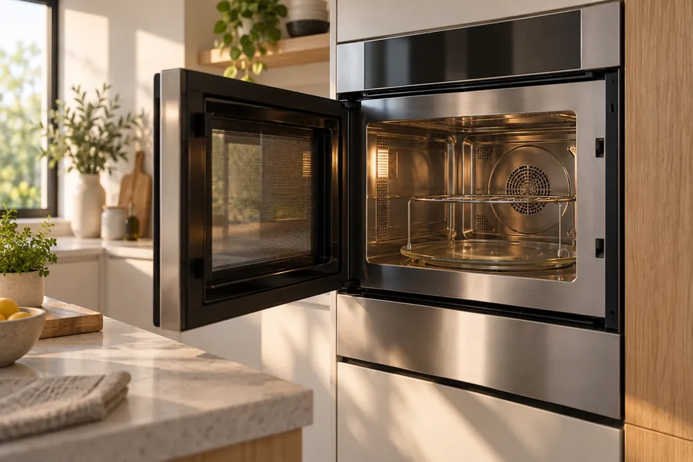Morning light fills a modern kitchen as an open convection microwave shows its turntable, rack, and rounded interior in three-quarter view.