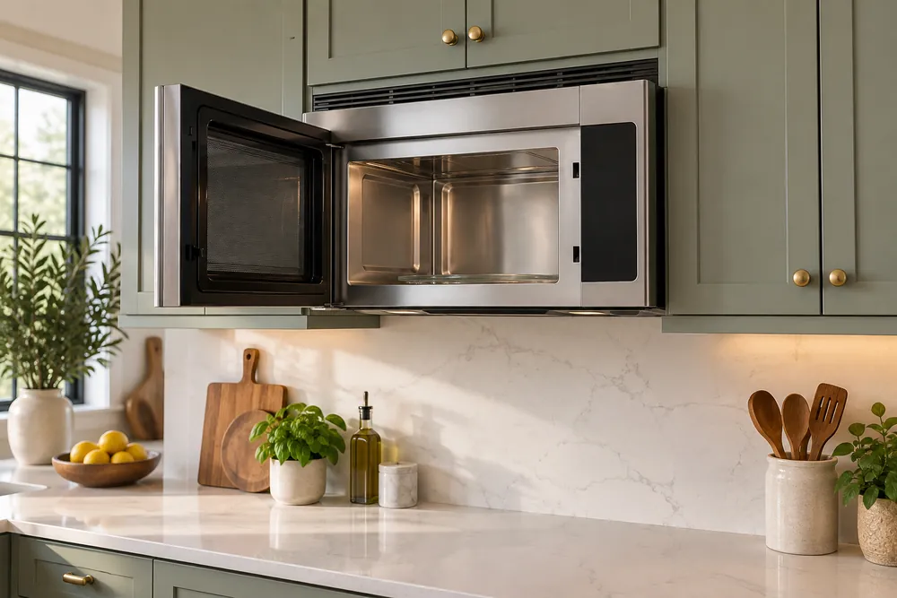 Brushed stainless steel microwave door open above a quartz counter, showing side clearance, upper vent gap, and unobstructed cabinet access.