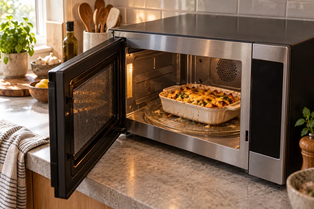 Brushed stainless trim around a mid-size convection microwave, slightly raised view showing splattered turntable, reheated casserole, and cramped counter clearance.