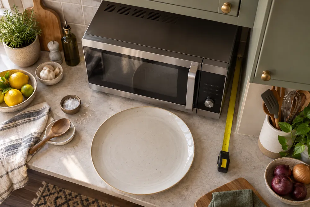 Convection microwave on a cluttered countertop, oversized dinner plate and measuring tape showing cramped clearance beside cabinets, overhead view.